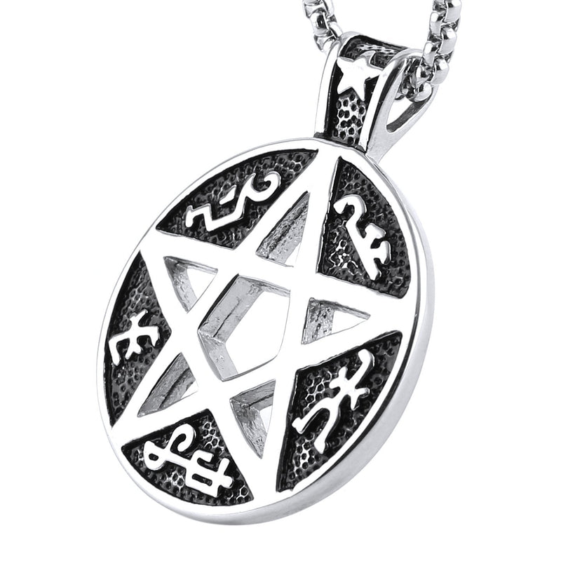 [Australia] - HZMAN Supernatural Devils Trap Symbol Sigil Stainless Steel Pendant Necklace Pentagram Anti Possession Silver 