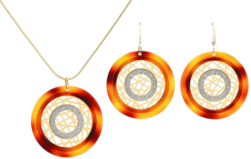 [Australia] - Lova Jewelry Disco Style Funky Orange Disk Golden Tone Metal Necklace Earrings Set 