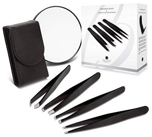 [Australia] - Brilliant Beauty 4-Piece Professional Tweezer Set with Case & Mirror by Precision Tweezers Kit Slant, Pointed, Curved & Flat Tips for Eyebrow, Ingrown Hair, Splinter Removal, Black, 1 Count 