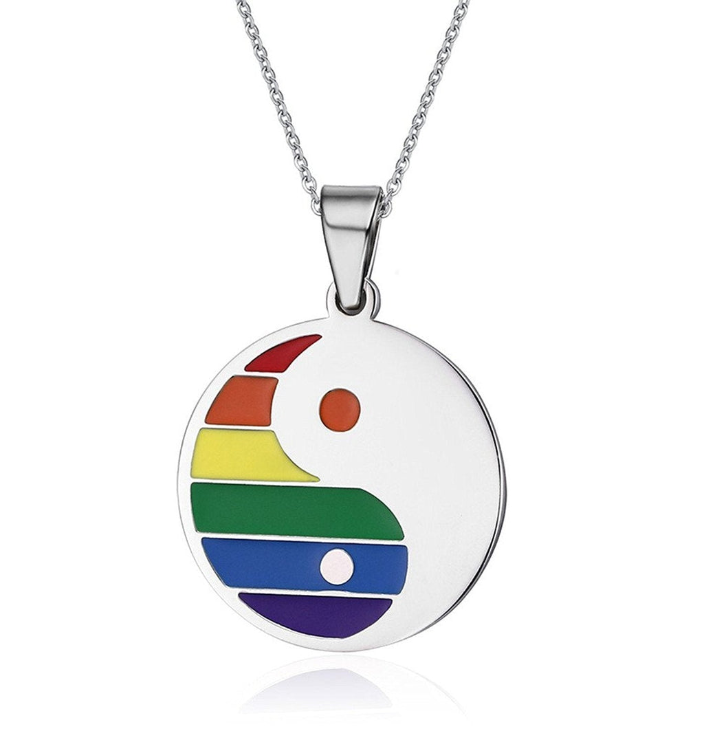 [Australia] - Stainless Steel Rainbow Round Yin Yang Pendant Necklace for Gay & Lesbian Pride, Free Chain 22 inch 