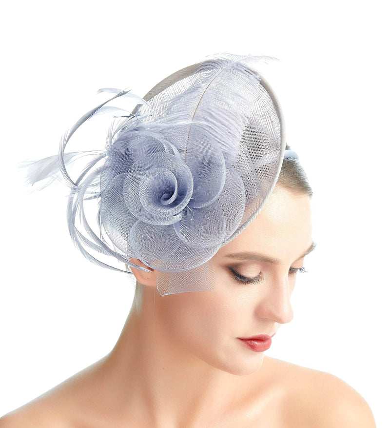 [Australia] - SACASUSA Women Feather Fascinator Mesh Net Sinamay Hat Headband Silver Grey 