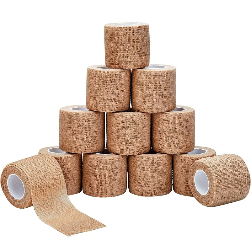 [Australia] - Self Adhesive Bandage wrap - 2 Inches by 5 Yards Cohesive Bandage for All Sports (Pack of 12) | Brown Non-Woven Self adhering Bandage Wrap | Breathable Athletic Tape for Wrists, Knee and Ankle 12 Pack 