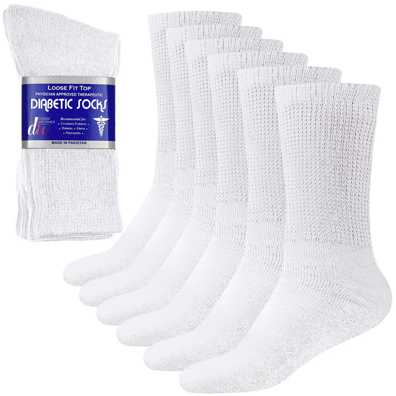 [Australia] - Diabetic Socks for Mens Womens Loose Fit Non-Binding Cotton Crew Socks 6 Pairs 13-15 6 Pairs White 