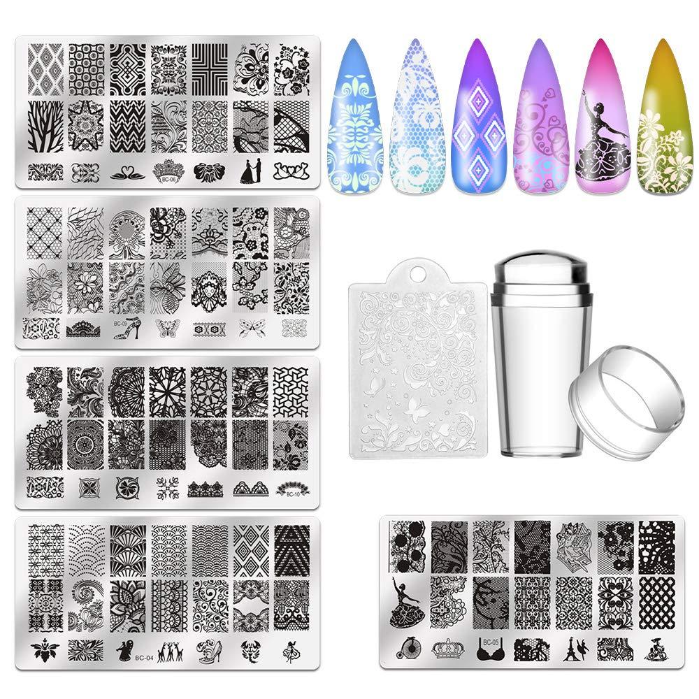 [Australia] - Biutee 5pcs Nail Stamping Plates + 1 Stamper + 1 Scraper Lace Flower Animal Pattern Nail Art Stamp Stamping Template Image Plate Nail Art Stamper Scraper Nails Tool 