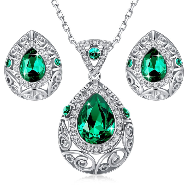 [Australia] - Leafael [Presented by Miss New York] Teardrop Filigree Vintage Style Jewelry Set Earrings Pendant Necklace Made with Premium Crystals, Silver-Tone, 18" + 2", Nickel/Lead Box Dark Green Crystal/Silver-tone Chain 