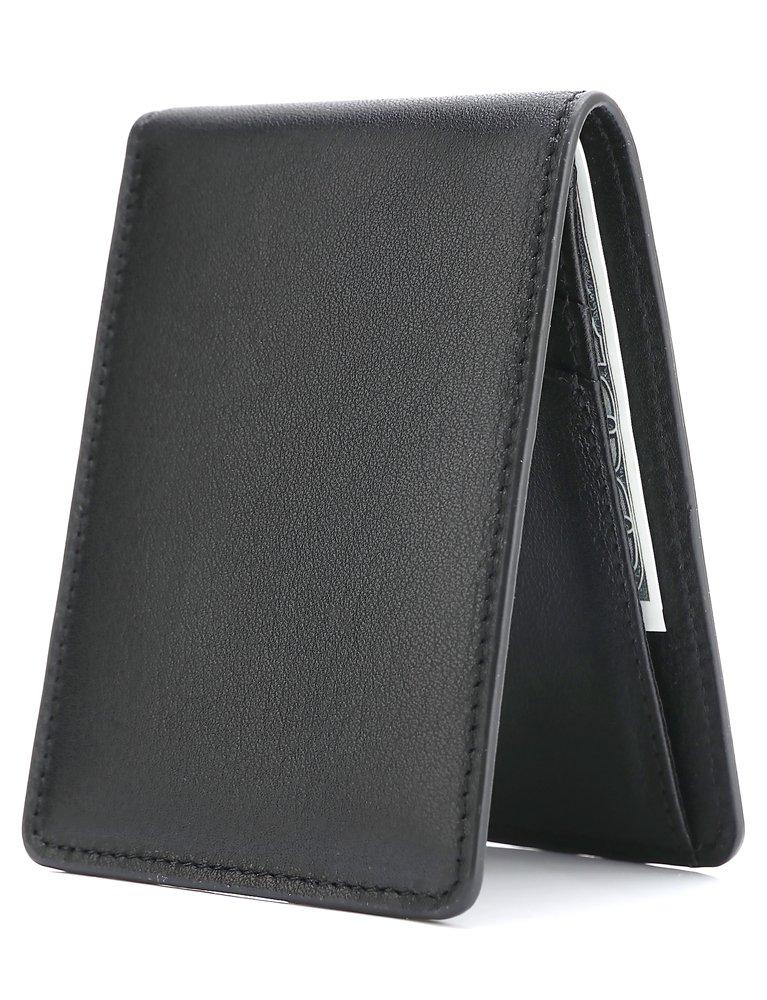 [Australia] - Men's Slim Leather Wallet Small Billfold Front Pocket Wallet with RFID Blocking ID window Black 