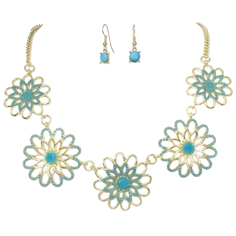 [Australia] - Gypsy Jewels 5 Daisy Outline Flower Cluster Dot Bubble Gold Tone Boutique Statement Necklace & Earrings Set Aqua Blue 