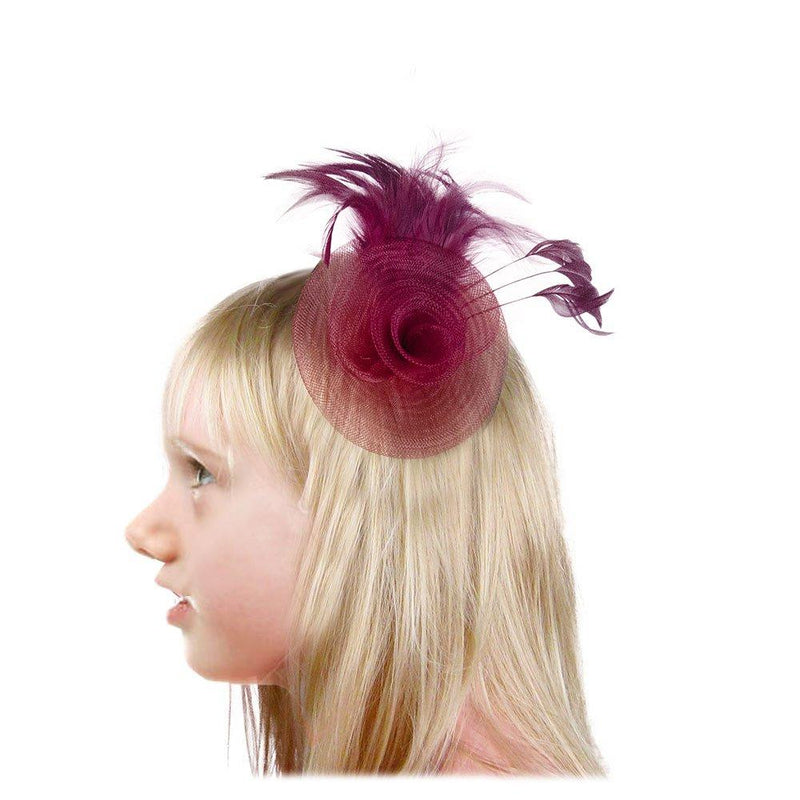 [Australia] - SACASUSA Flower Fascinator Feather Mesh Gauze Cocktail Girl Child Hair Clip Brooch Pin Burgundy 