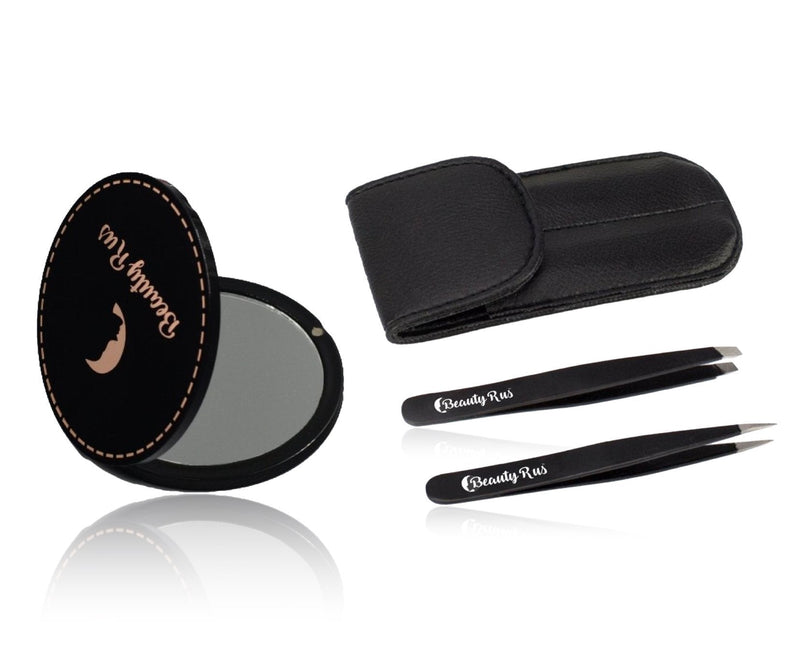 [Australia] - Professional Eyebrow Tweezers Set & Compact Pocket Mirror- Precision Pointed & Slant Tweezer Stainless Steel, Best for Eyebrows or Ingrown Hair for Women and Men - Perfect Beauty Gift Pack Value Pack 