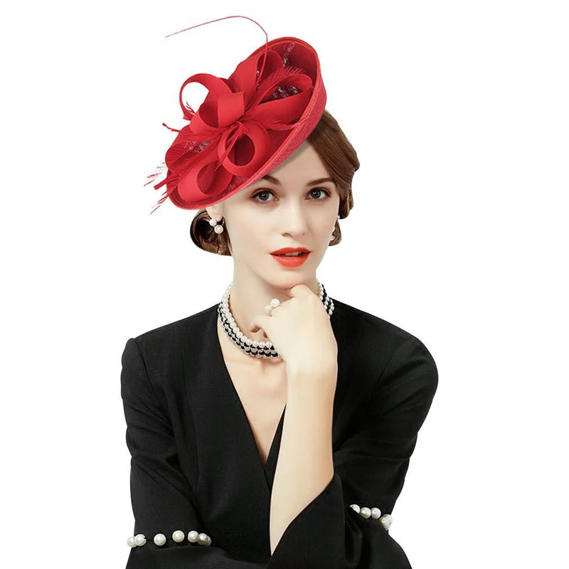 [Australia] - GEMVIE Women Wedding Party Bow Feather Fascinator Hair Clip Hat Red 