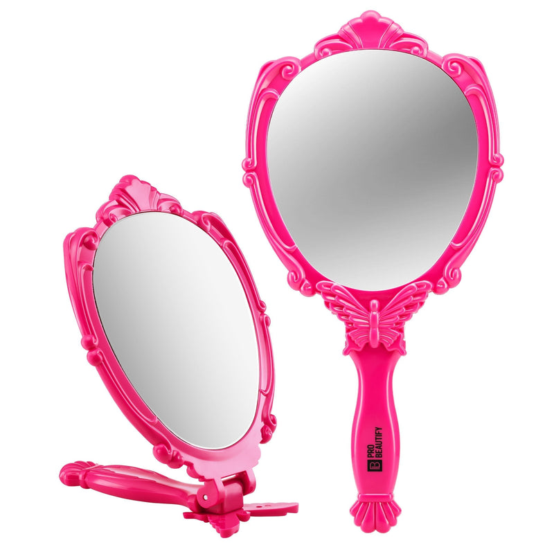 [Australia] - Probeautify Decorative Hand Held Mirror - Beautifully Butterfly Design Hand Mirrors with Handle - Lightweight Mirror - 180 Degrees Full Folding Portable Mirror - Travel Makeup Mirror (Pink) Hot Pink 