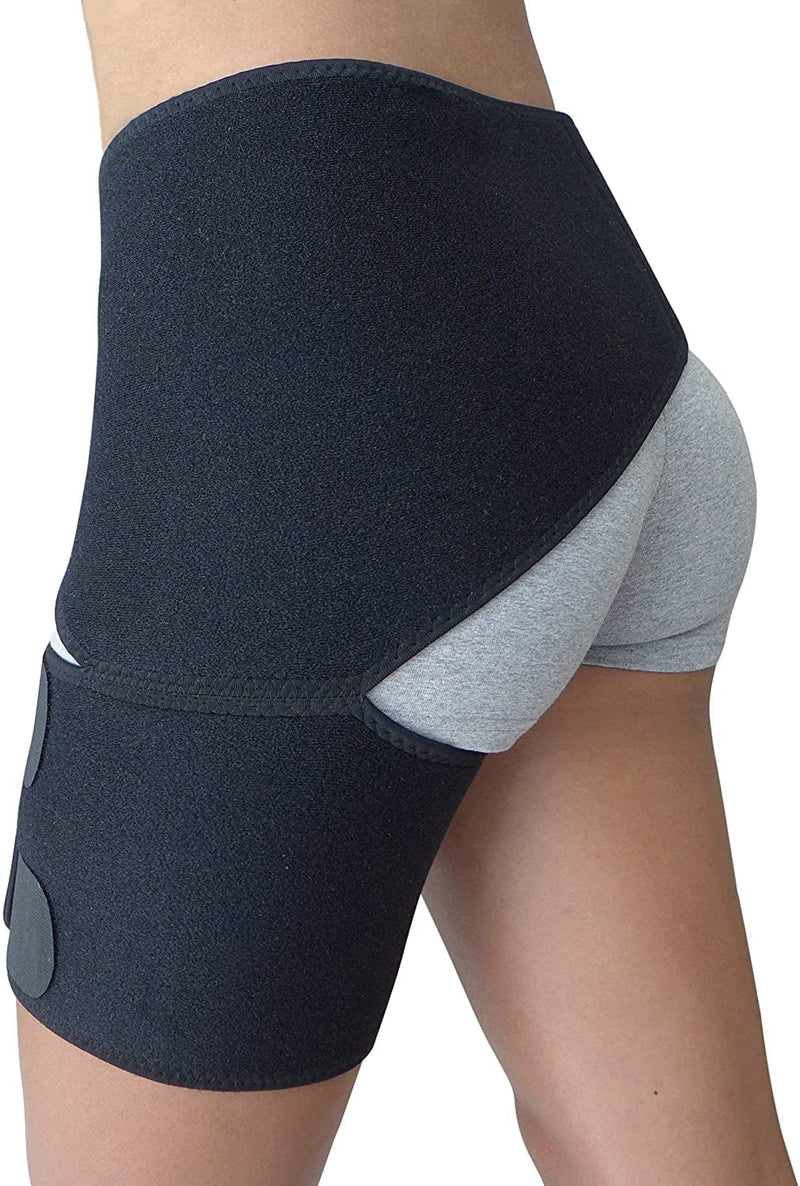 [Australia] - Hip Brace - Thigh Hamstring Sciatica Pain Relief Brace - Compression Support Wrap for Hip Flexor Strain, Groin Pull, SI Joint, Arthritis, Bursitis, Sciatic Nerve for Men, Women (Black) Black 
