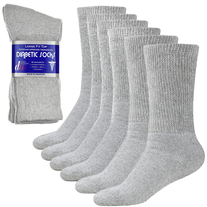 [Australia] - Diabetic Socks for Mens Womens Loose Fit Non-Binding Cotton Crew Socks 6 Pairs 13-15 6 Pairs Grey 