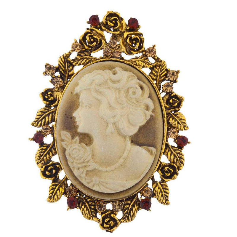 [Australia] - Lux Accessories Antique Cameo Brooch Burnished Flower Leaf Pin Gold / Tan 