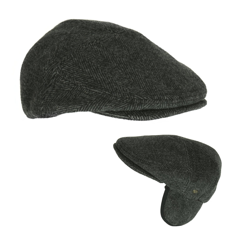 [Australia] - Men’s Black Wool Herringbone Ivy Cap, Classic Cabbie Hat w/Ear Flaps X-Large 