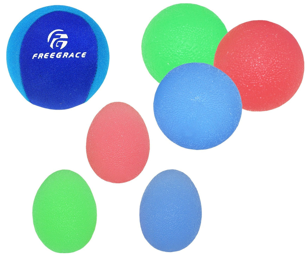 [Australia] - Freegrace Hand Grip Strengthening Stress Relief Squeeze Balls/Squishy Ball Bundle - Hand Exercise & Therapy Set - Physical Rehabilitation 3 Eggs + 4 Balls 