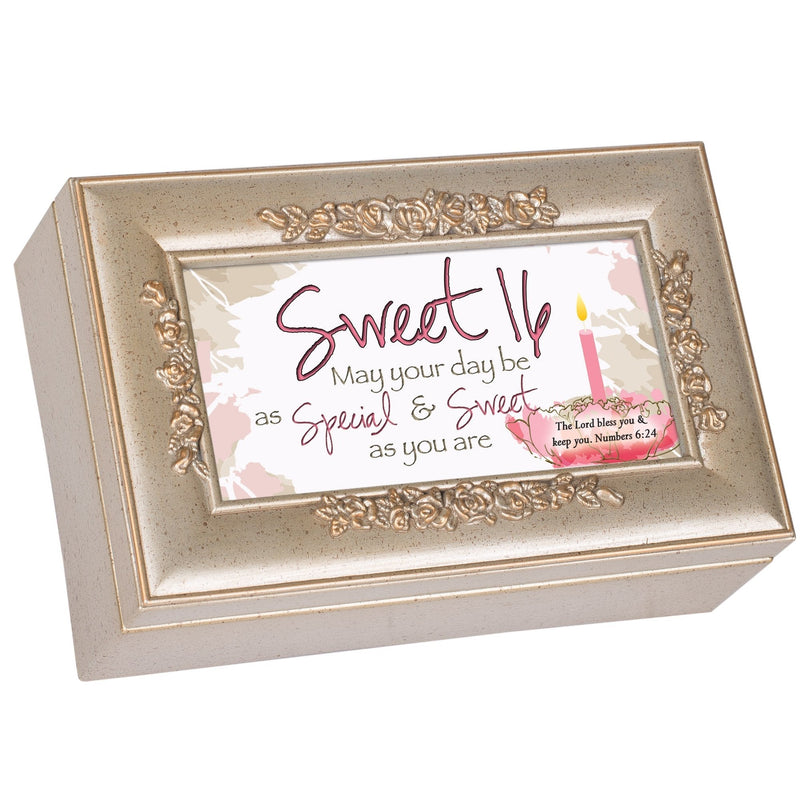 [Australia] - Cottage Garden Sweet Sixteen Your Day Be Special Silvertone Embossed Jewelry Music Box Plays Amazing Grace 