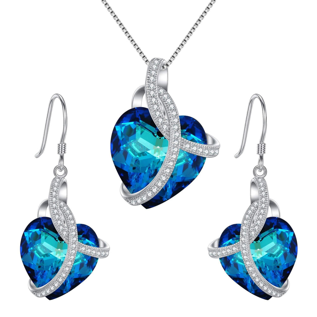 [Australia] - EleQueen 925 Sterling Silver CZ Courageous Heart Inspired Pendant Necklace Hook Earrings Set Made with Crystals Bermuda Blue 