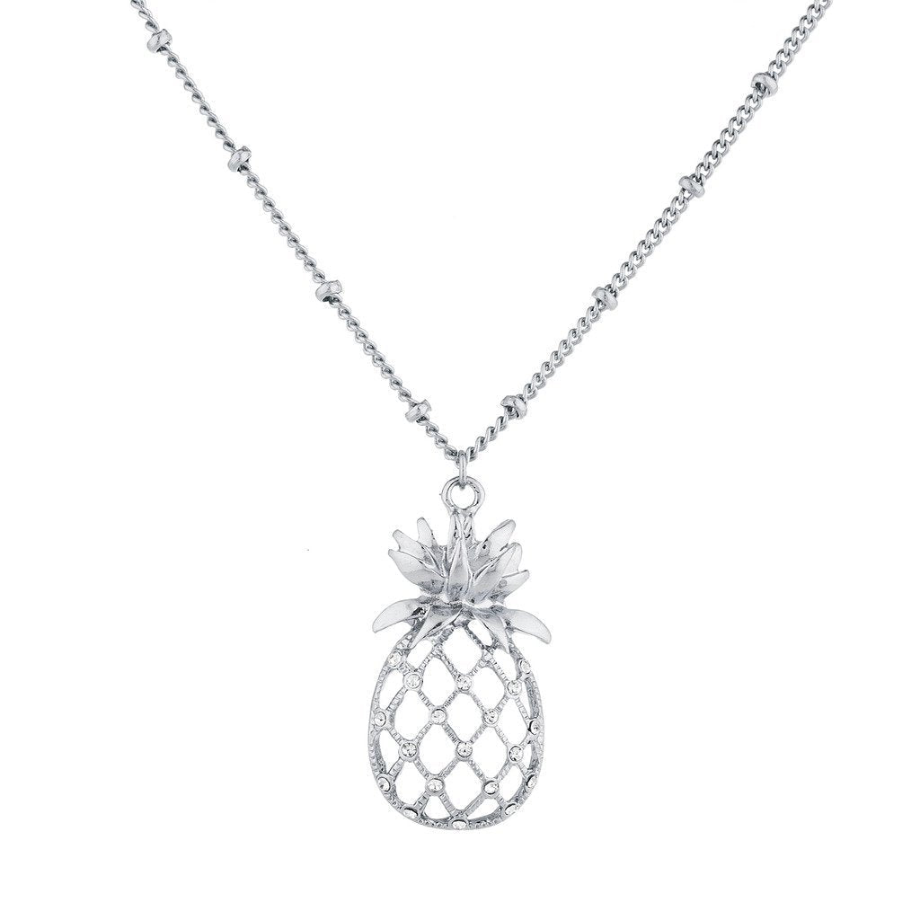 [Australia] - Lux Accessories Cutout Tropical Fruit Pineapple Pendant Necklace Silver 