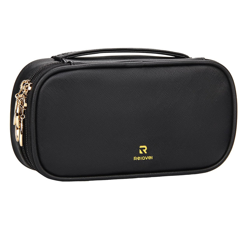 [Australia] - Makeup Bag, Relavel Small Travel Makeup Bag Cosmetic Bags for Women Girls Dual Layer Compact Makeup Storage Brush Holder Organizers Black Zipper Pouch Cosmetic Case (Small, Black) 