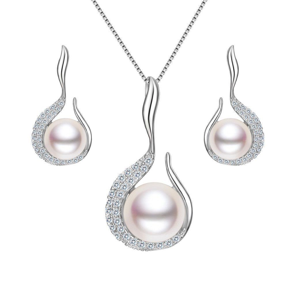 [Australia] - EVER FAITH 925 Sterling Silver CZ AAA Freshwater Cultured Pearl Flower Bud Necklace Earrings Set 