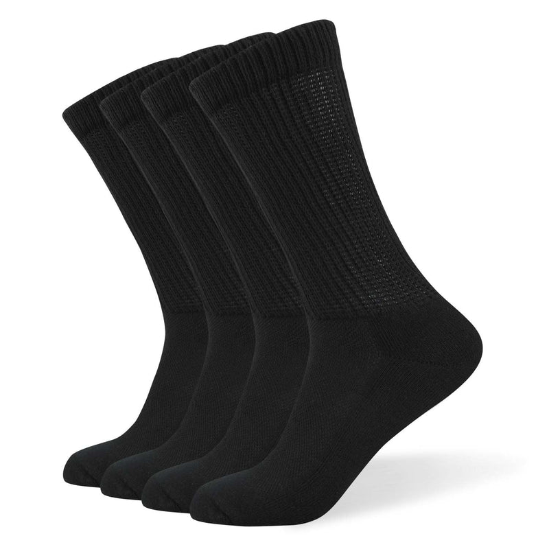 [Australia] - Well Knitting Loose Men's Diabetic Crew Socks,Non-Binding Top,Seamless Toe,Semi Cushion,Breathable Soft Coolmax Socks 4 Pairs Large 4 Pairs Black Crew Socks 