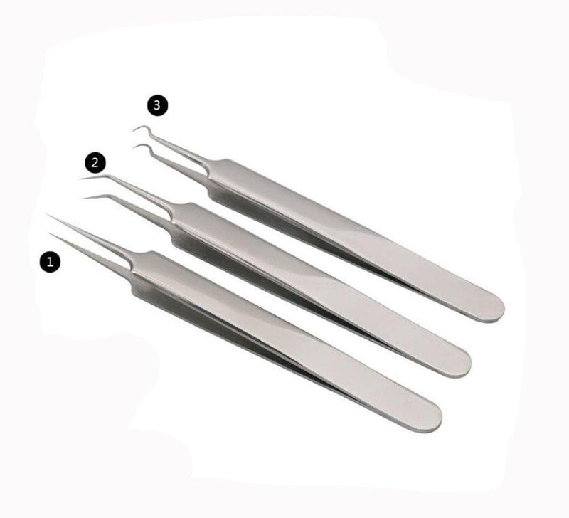 [Australia] - 1Set(3PCS) Silver Professional Remove Blackheads Tweezers Set - Stainless Steel Straight/Slanted & Pointed Splinter/Bend Curved Blemish Extractor Tool for Acne Zit Cystic Blemish Whitehead Popping 