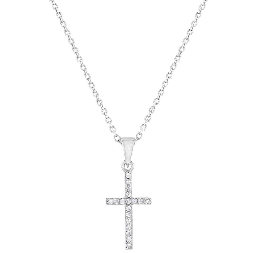 [Australia] - 925 Sterling Silver Cubic Zirconia Small Cross Girl's Necklace - CZ Small Tiny Religious Pendant with 16" Necklace for Kids & Girls Clear 