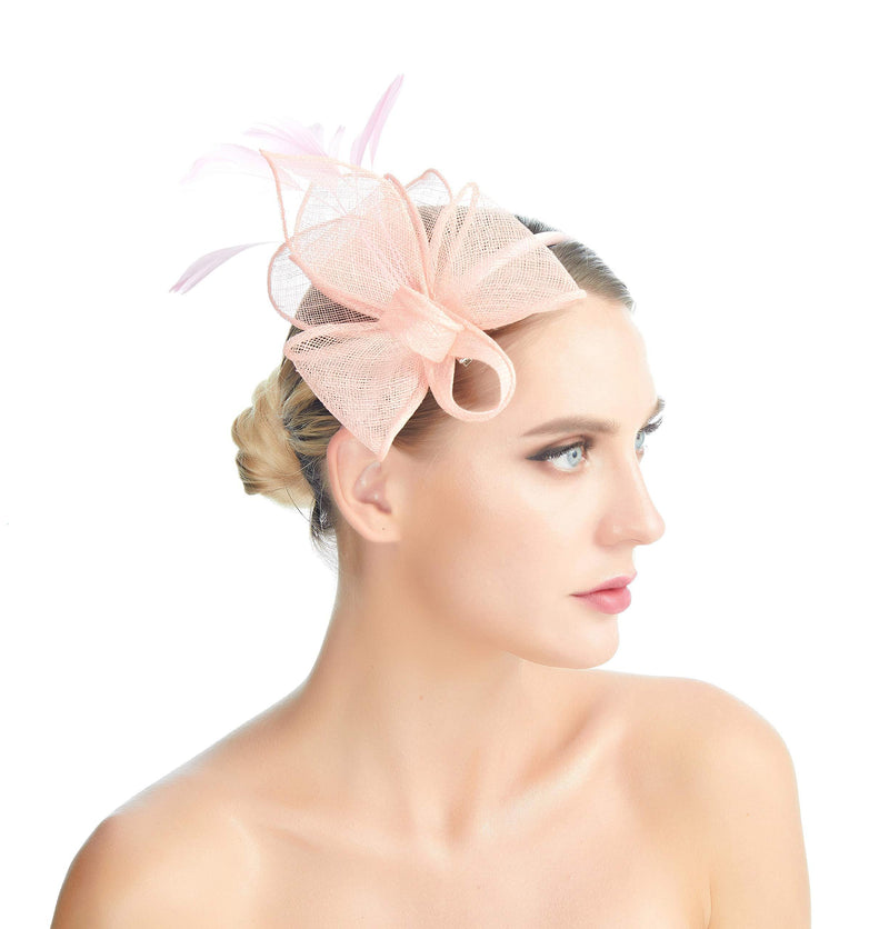 [Australia] - SACASUSA Feather Fascinator Cocktail Hat Linen Net Mesh Bow Formal Headband Pink 
