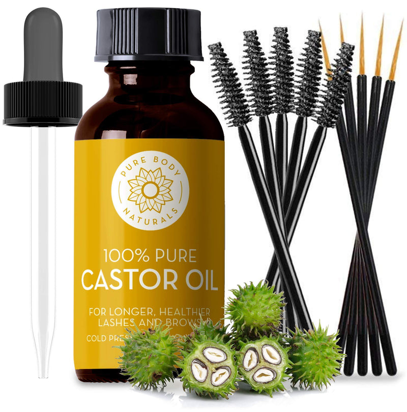 [Australia] - Organic Castor Oil for Eyelashes and Eyebrows with Applicator Kit, Lash & Brow Growth Serum by Pure Body Naturals, 1 Ounce - Label Varies 