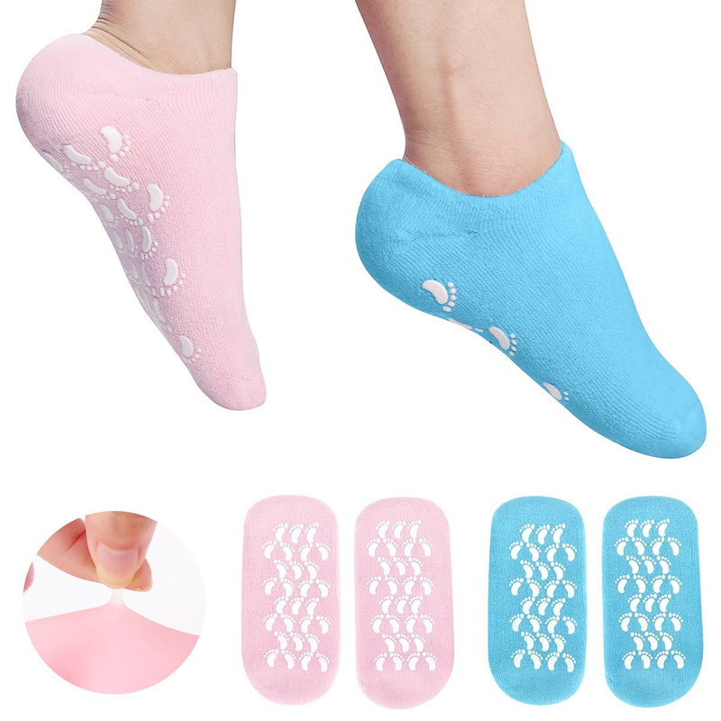 [Australia] - Moisturizing Socks Heel Gel Sock - Callus Rough Foot Care Treatment Soft Silicone Gel Lined Infused Lotion Spa Socks|2 Pairs Cotton Gel Sleeves For Repairing Softening Dry Cracked Feet Skins Blue & Pink 