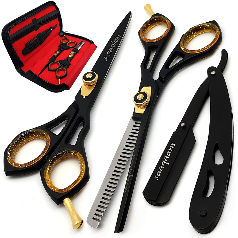 [Australia] - Saaqaans Professional Hair Cutting Scissors Set - Haircut Scissor for Barber/Hairdresser/Hair Salon + Thinning/Texture Hairdressing Shear for Beautician + Straight Edge Razor + 10 Blades with Case 