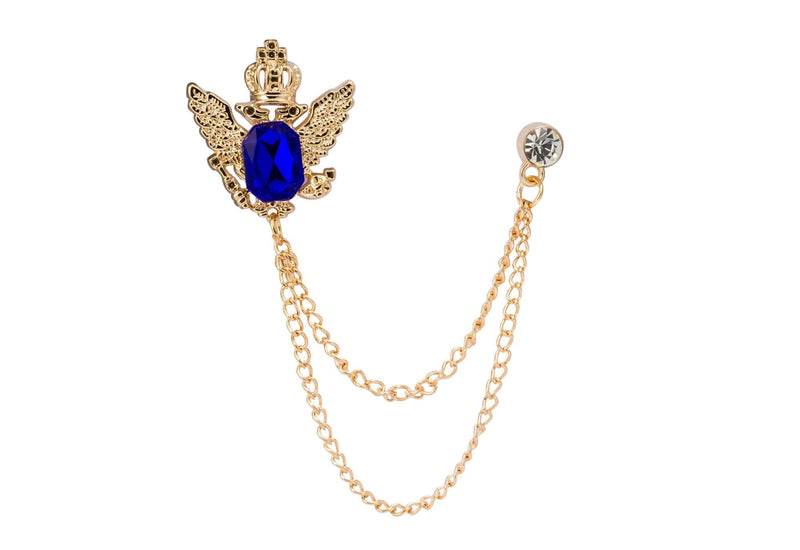 [Australia] - Knighthood Crowned Blue Stone with Hanging Chain Lapel Pin Badge Coat Suit Collar Accessories Brooch for Men 