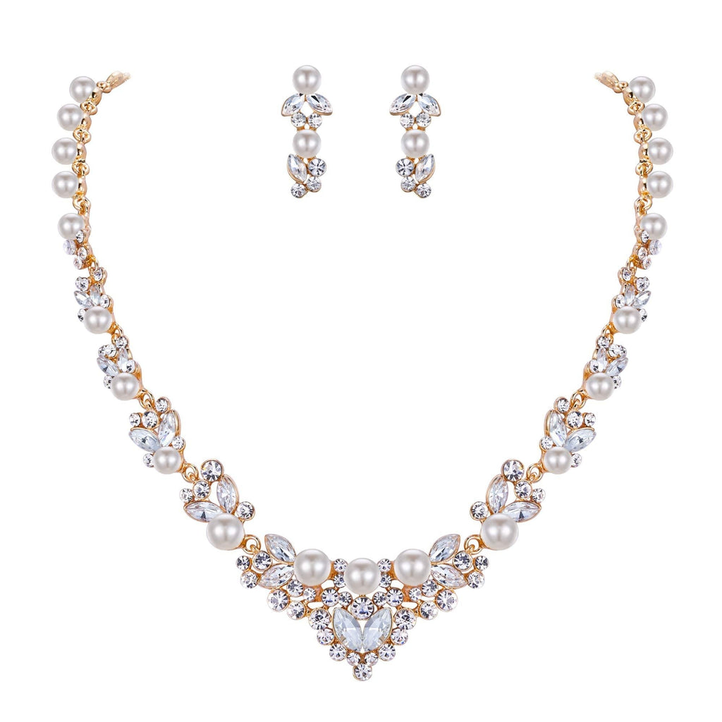 [Australia] - EVER FAITH Bridal Leaf Jewelry Set Clear Austrian Crystal Simulated Pearl Gold-tone ivory-color simulated pearl 