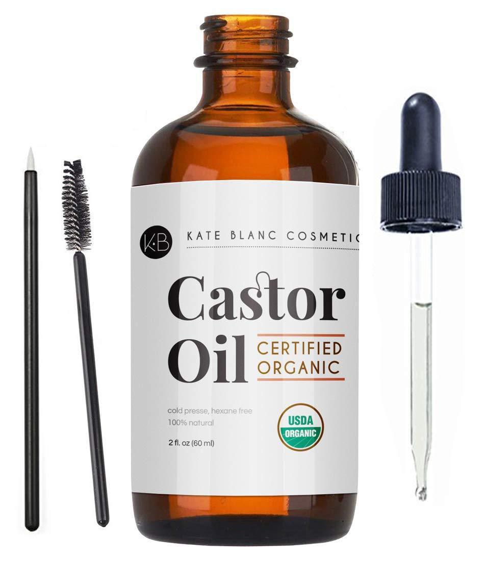 [Australia] - Organic Castor Oil (2oz), USDA Certified, 100% Pure, Cold Pressed, Hexane Free by Kate Blanc. Stimulate Growth for Eyelashes, Eyebrows, Hair. Skin Moisturizer & Oil Cleanse with Starter Kit 2 Fl Oz (Pack of 1) 