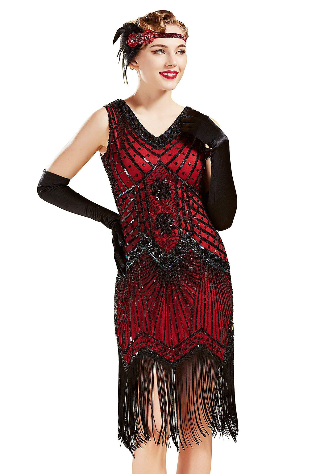 [Australia] - BABEYOND Women's Flapper Dresses 1920s V Neck Beaded Fringed Great Gatsby Dress Red Large 