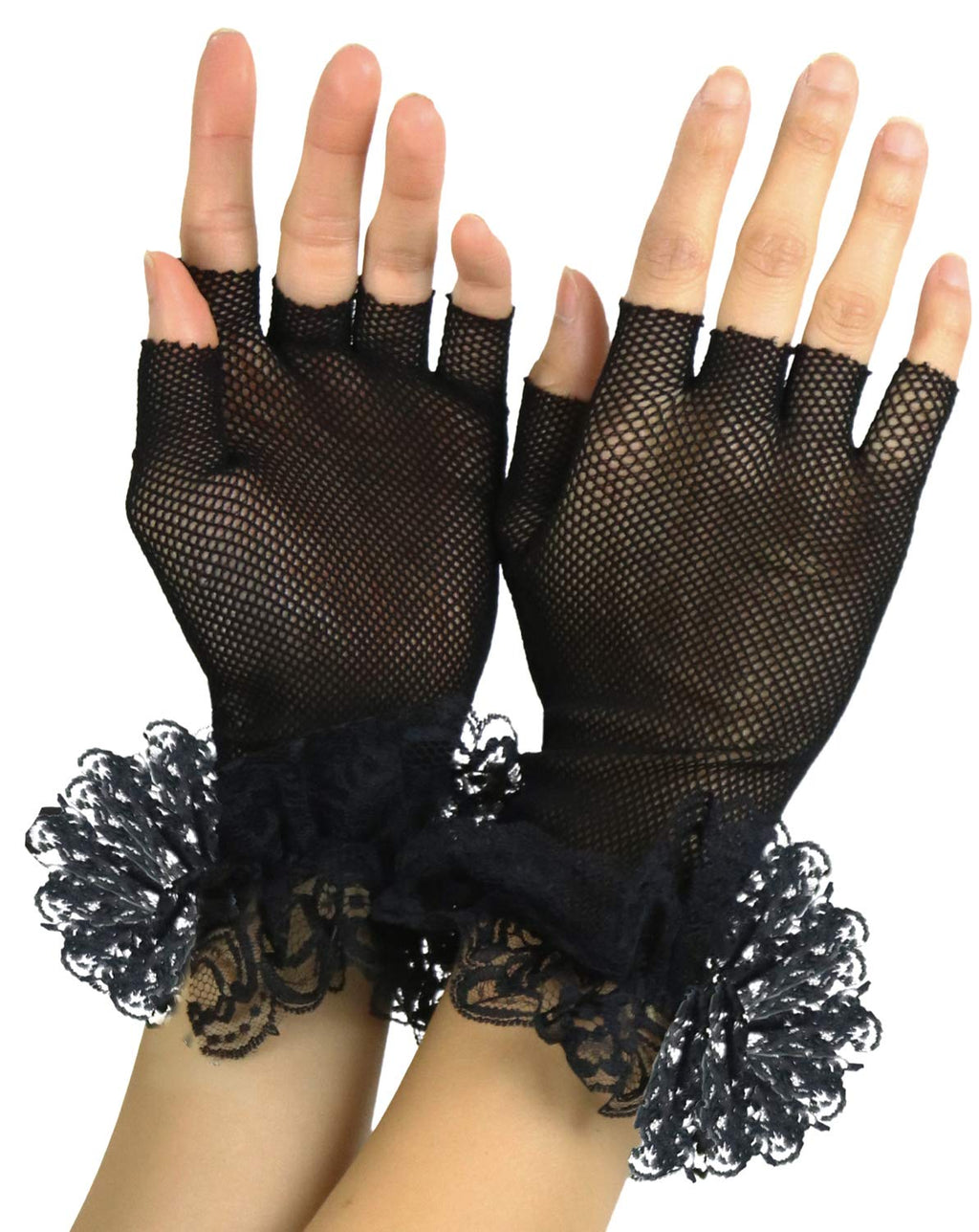 [Australia] - ToBeInStyle Women’s Whimsical Lace Ruffle Wrist Trim Fishnet Fingerless Gloves One Size Regular Black 