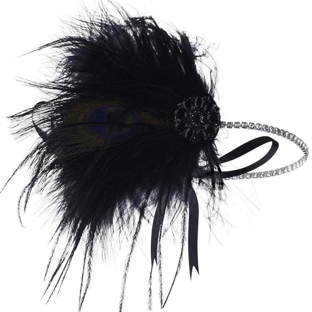 [Australia] - BABEYOND Vintage 1920s Flapper Headband Roaring 20s Great Gatsby Headpiece with Feather 1920s Flapper Gatsby Hair Accessories Black 