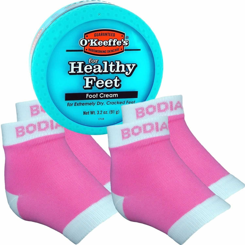 [Australia] - Bodiance Moisturizing Gel Heel Socks or Sleeves, 2 Pairs, Pink, Large, O'keeffe's Healthy Feet Foot Cream for Cracked Heels, Callus Treatment Bundle 