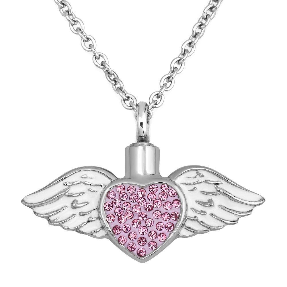 [Australia] - DemiJewelry Pink Heart Urn Necklace Angel Wings Memorial Pandant Cremation Necklaces for Ashes 