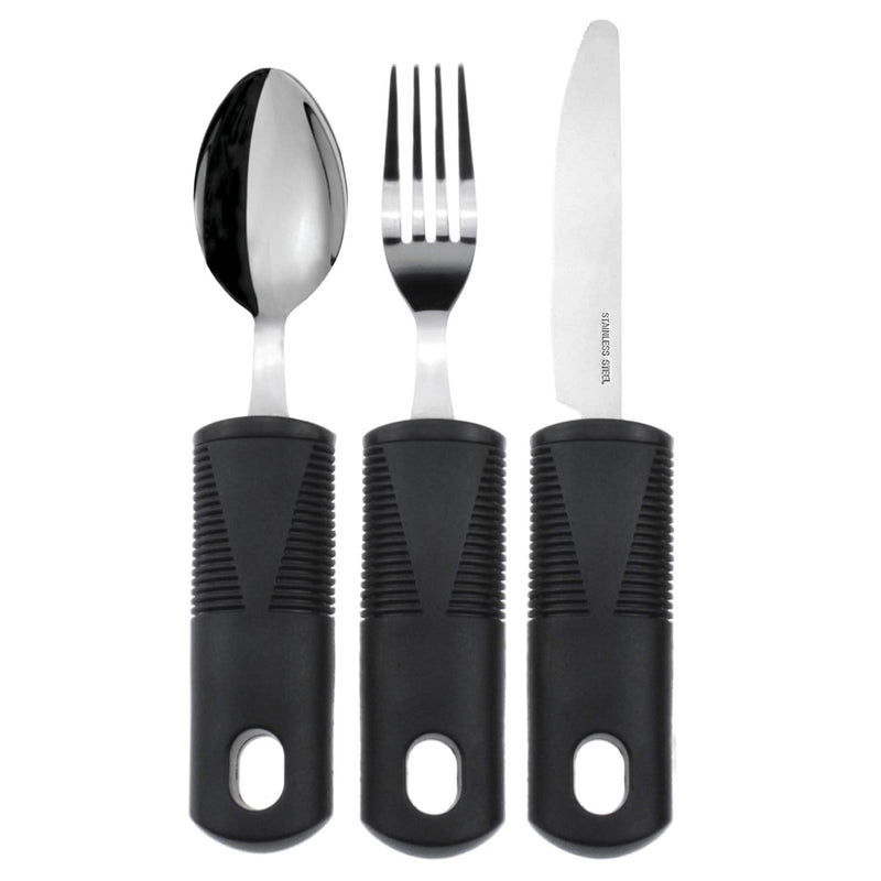 [Australia] - Vive Adaptive Utensil Set - Arthritis Aid Silverware for Parkinsons, Hand Tremors - Easy Grip for Shaking and Trembling Hands - Heavy Stainless Steel Spoon, Fork, Serrated Knife - Non Weighted Holder 