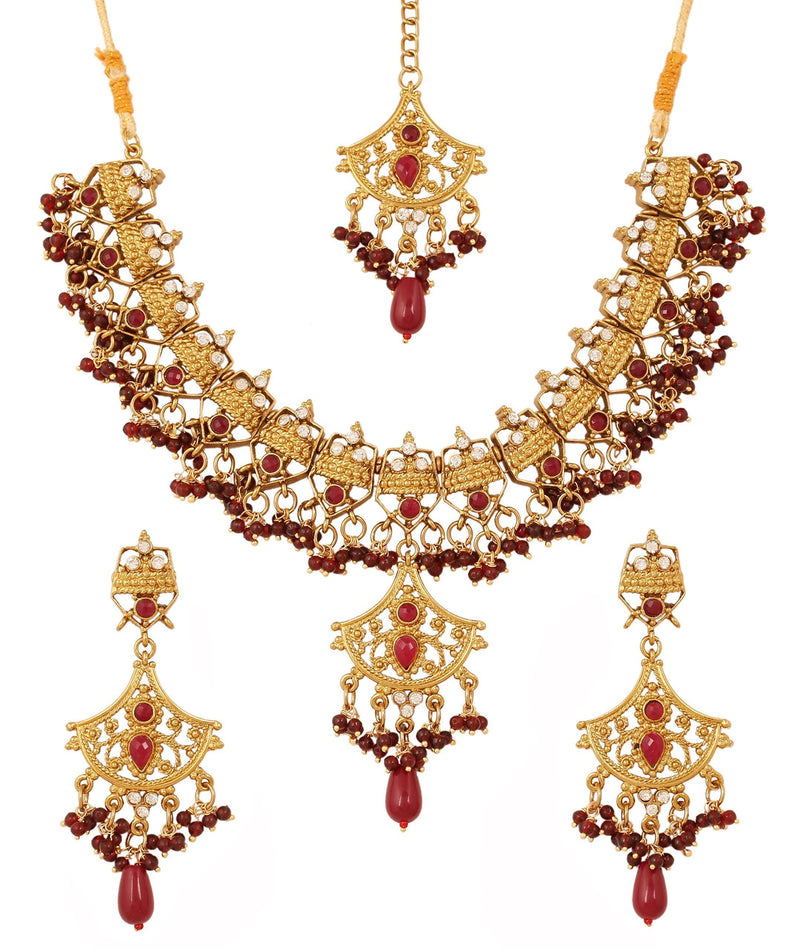 [Australia] - Touchstone Indian Bollywood Rajwada Crystals Faux Ruby Wedding wear Jewelry Necklace in Antique Gold Tone 