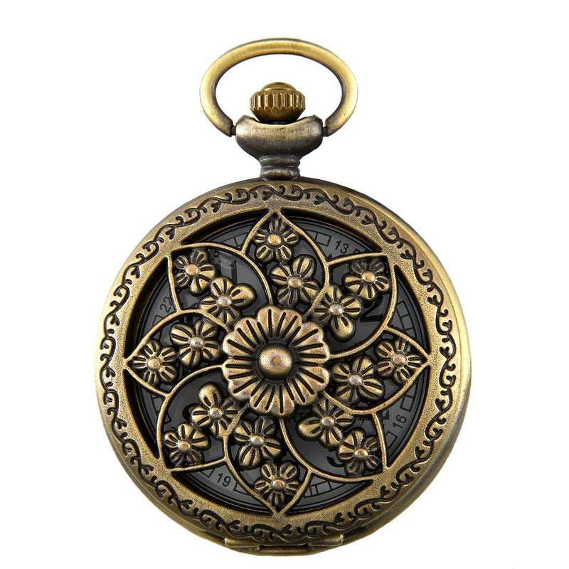 [Australia] - JewelryWe Retro Bronze Flower Openwork Cover Quartz Pocket Watch with 32.3 Inch Chain 