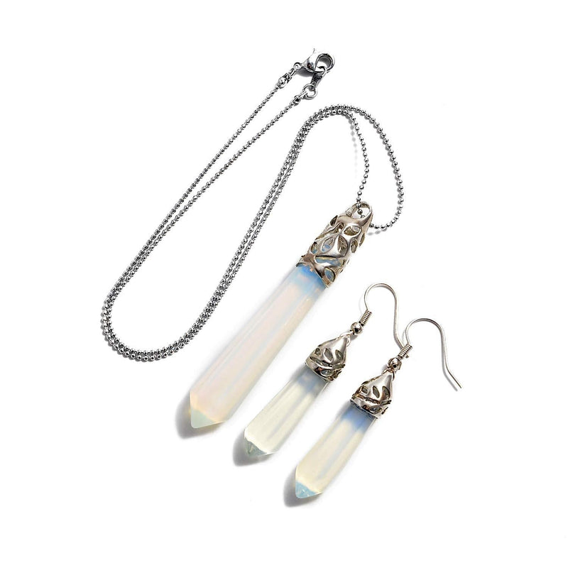 [Australia] - Natural Gemstones Hexagonal Pointed Reiki Chakra Pendant Necklace and Earring Set (White Opalite) White Opalite 