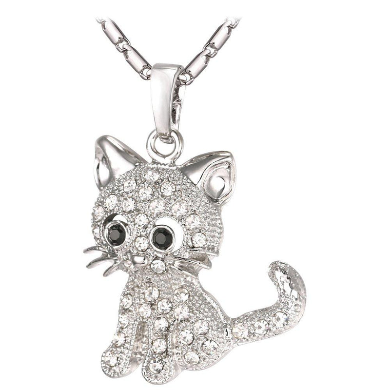 [Australia] - U7 Cute Cat Necklace Rhinestone with Chain Platinum/18K Gold Plated Girls Charm Smooth Collarbone Necklace 02.Rhinestone Cat-Platinum 