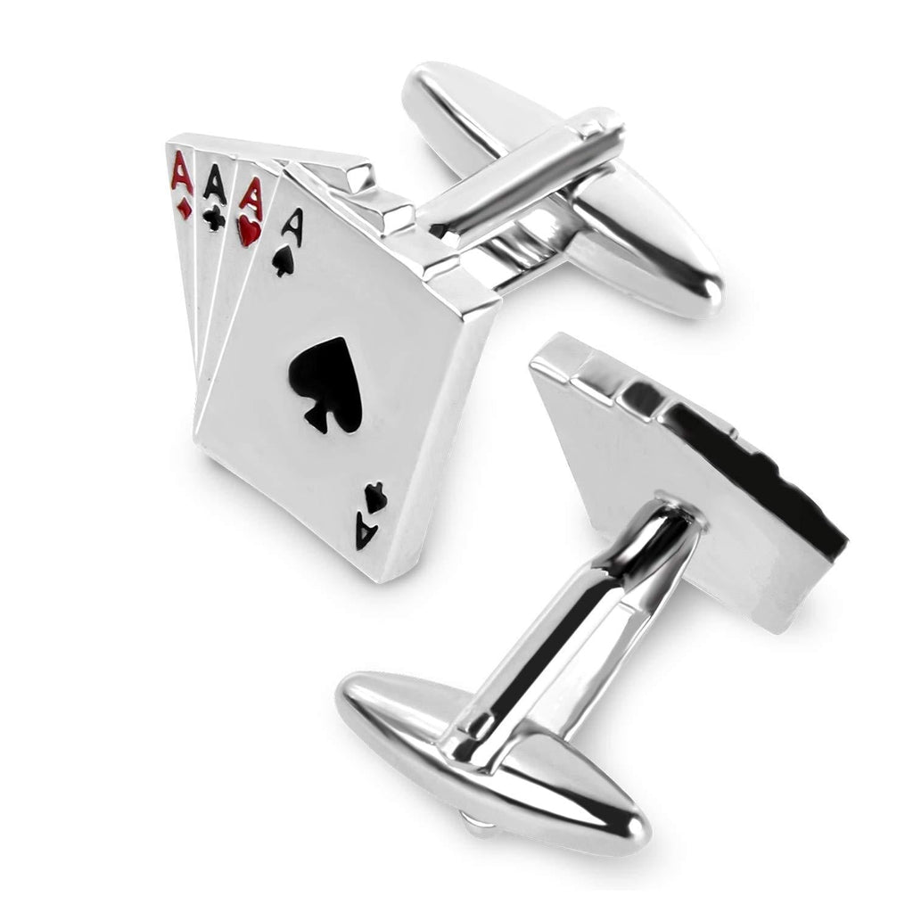 [Australia] - rhungift Cufflinks for Men- Brass Wedding Business Mens Gifts Playing Cards 4A Poker Shirts Silver -for Vegas Casino Night Event 