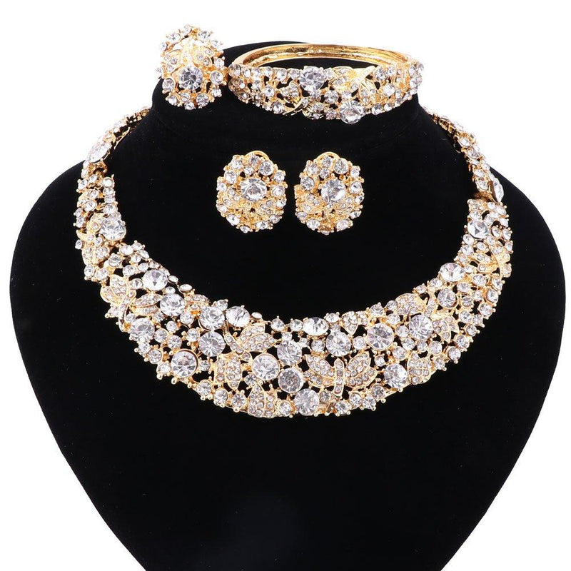 [Australia] - WANG African Beads Gold Plated Shinning Flower Crystal Necklace Earrings Bangle Ring Jewelry Set 