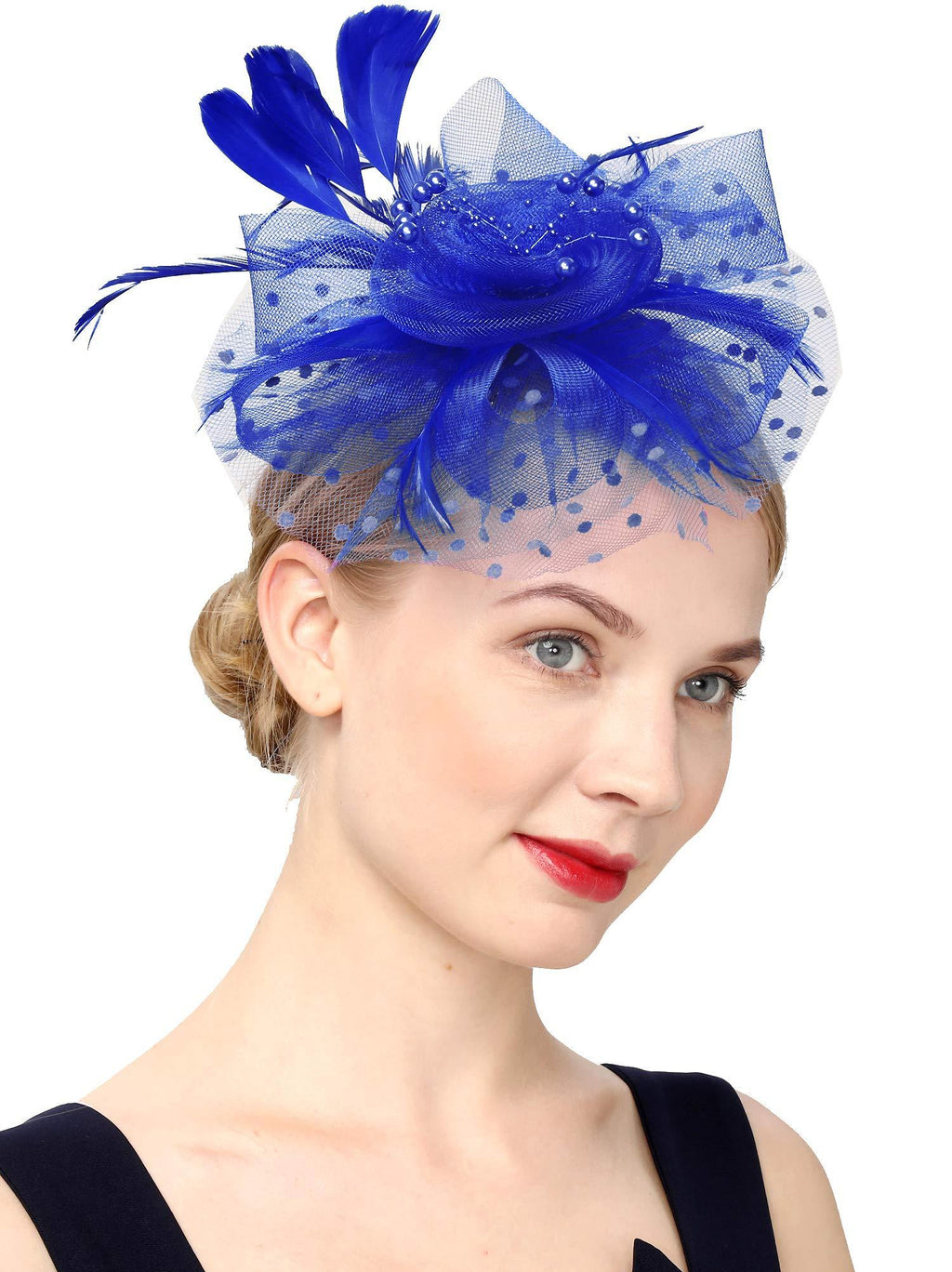 [Australia] - Fascinators Hat for Women Tea Party Headband Kentucky Derby Wedding Flower Cocktail Mesh Feathers Hair Clip 1-royal Blue 
