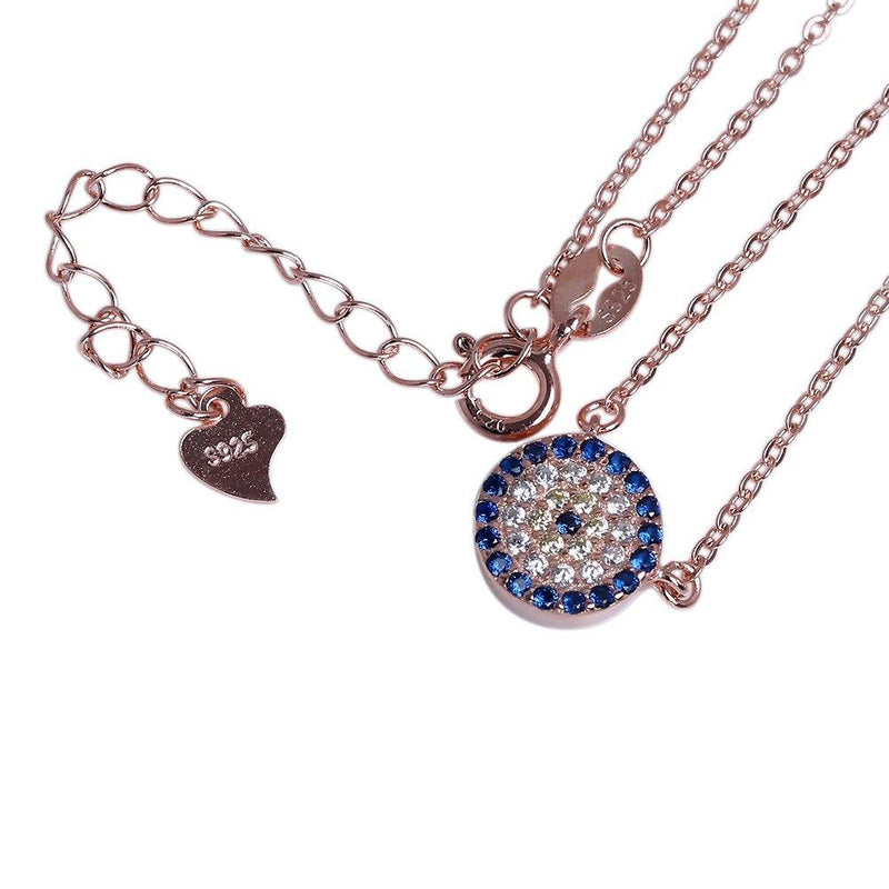 [Australia] - Kaletine Round Evil Eye Pendant Necklace Sterling Silver 925 Created Cubic Zirconia CZ Cable Chain 16"+2" Extender Rose Gold 