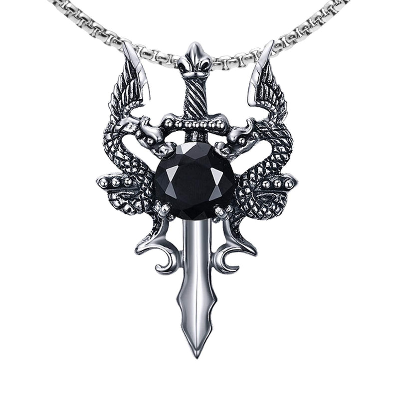 [Australia] - Xusamss Punk Titanium Steel Wing Dragon Crystal Pendant Sword Necklace,24inches Link Chain 316L Steel Dragon Sword 